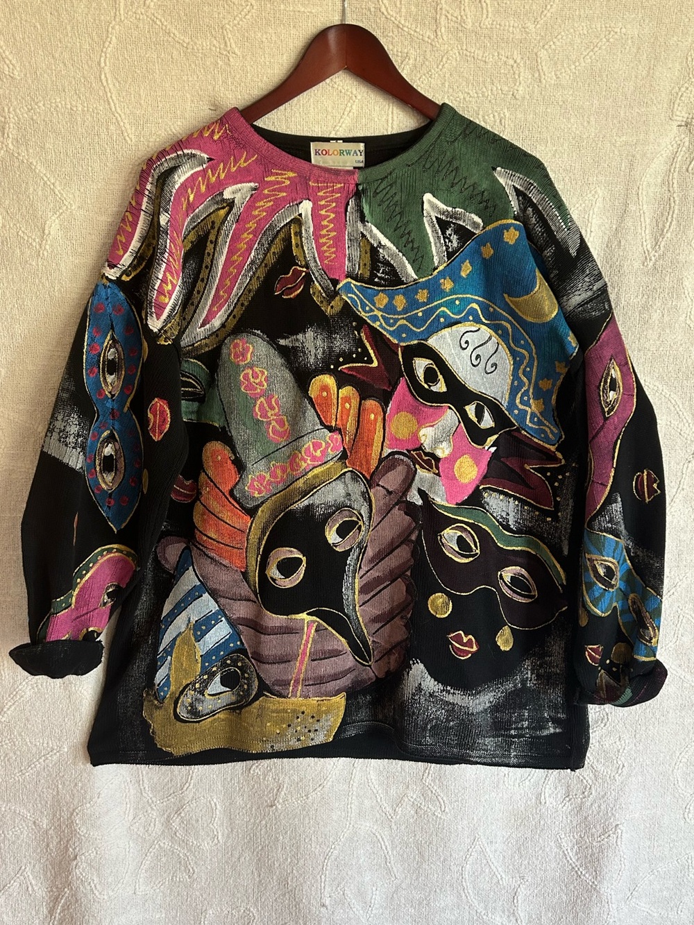 Kolorway Black Sweater with Hand-painted Multicolor Mask Motif - Picture 2 of 4